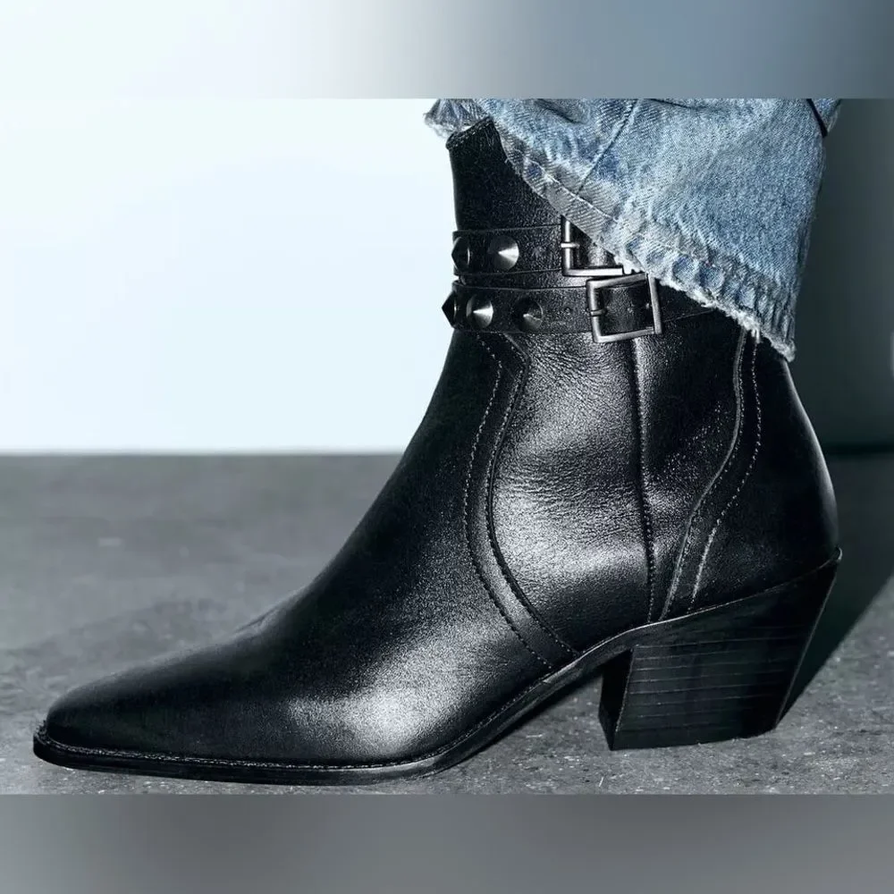 Zara Black Leather Strap Cowboy Comfortable Block Heel Ankle Boots